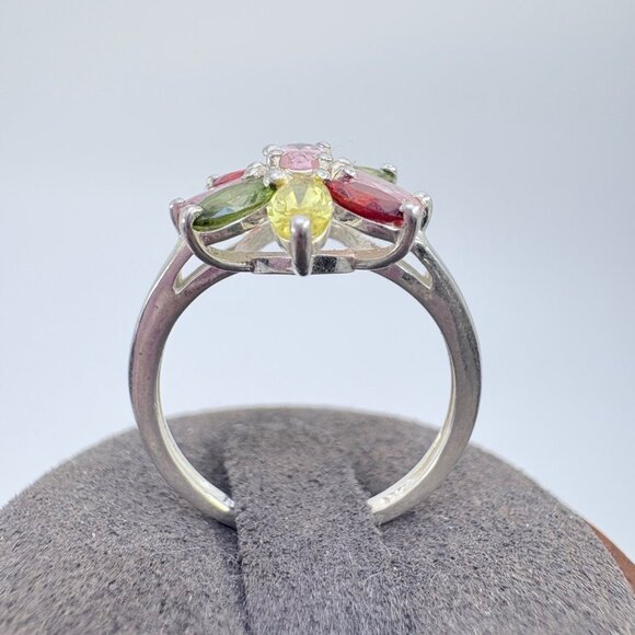 VTG Sterling Silver 925 Multi-Gemstone Flower Design Statement Ring Size 7 - Picture 3 of 8